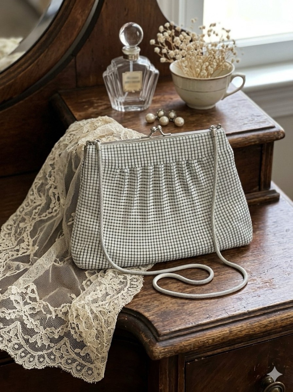 Whiting & Davis Vintage White Metal Mesh Snake Chain Clutch wedding purse bride